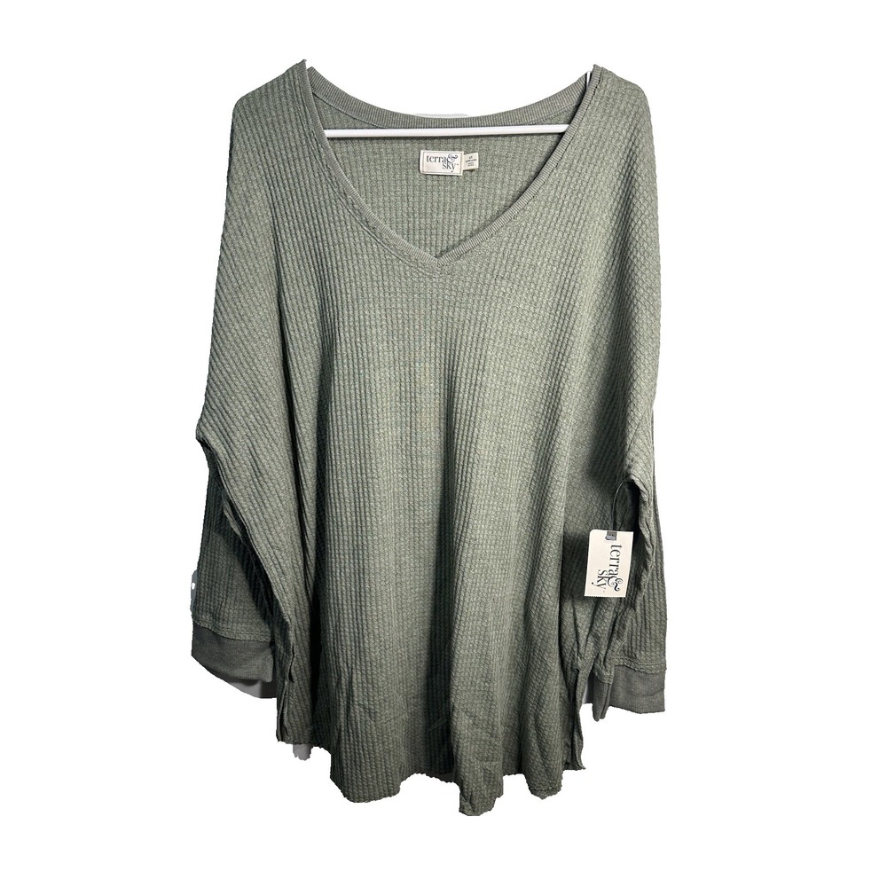 terra & sky womens green v neck long sleeve shirt plus size‎ 2X 20w 22w